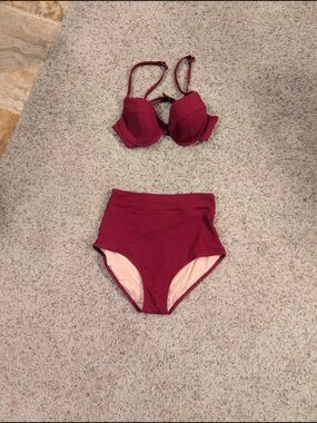 Mott 50 High-Waist Ribbed Burgundy Women’s Bikini Set (Top 34b, Bottom m)